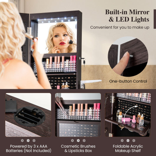 Lockable 360° Swivel Jewelry Cabinet with Full-Length Mirror LED Lights-Dark Brown