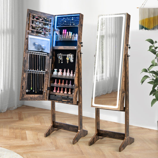 Lockable Jewelry Armoire Standing Cabinet with Lighted Full-Length Mirror-Rustic Brown