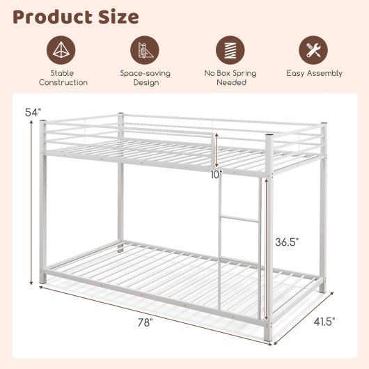 Low Profile Twin Over Twin Metal Bunk Bed with Full-length Guardrails-White