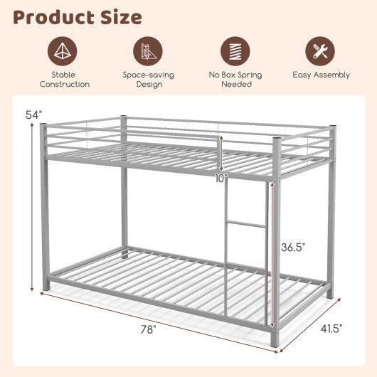Low Profile Twin Over Twin Metal Bunk Bed with Full-length Guardrails-Silver