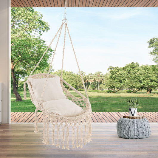 Hanging Hammock Chair with Soft Seat Cushions and Sturdy Rope Chain-Beige