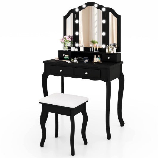 Makeup Vanity Table Set with Lighted Mirror and Drawers-Black