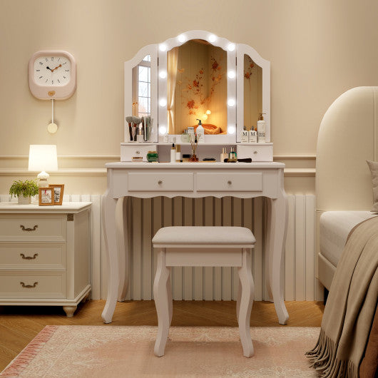Makeup Vanity Table Set with Lighted Mirror and Drawers-White