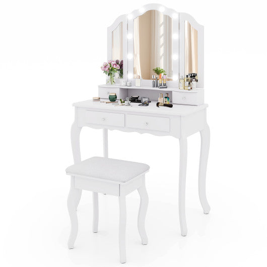 Makeup Vanity Table Set with Lighted Mirror and Drawers-White