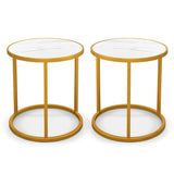 Marble Top Round Side Table 16-Inch End Table with Golden Metal Frame-2 Pieces