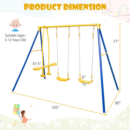 Metal Swing Set for Backyard with 2 Swing Seats and 2 Glider Seats-Blue