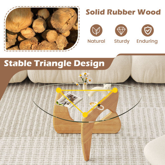 Triangle Coffee Table with Tempered Glass Top and Adjustable Rubber Wood Base-Natural