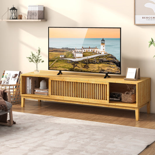 Bamboo TV Stand for TVs up to 65 Inches with Sliding Slatted Doors-Natural