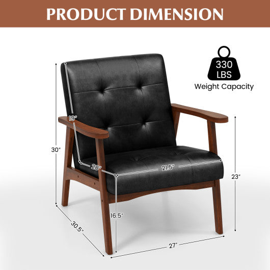 Mid Century Accent Chair with Solid Rubber Wood Frame and Leather Cover-Black