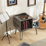Mid-century Record Player Stand with Power Outlet and Vinyl Divider-Gray