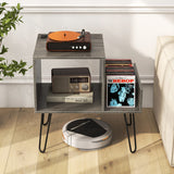 Mid-century Record Player Stand with Power Outlet and Vinyl Divider-Gray