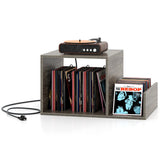 Mid-century Record Player Stand with Power Outlet and Vinyl Divider-Gray