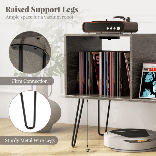 Mid-century Record Player Stand with Power Outlet and Vinyl Divider-Gray