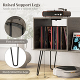 Mid-century Record Player Stand with Power Outlet and Vinyl Divider-Gray