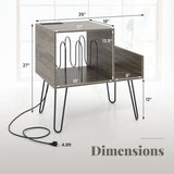 Mid-century Record Player Stand with Power Outlet and Vinyl Divider-Gray
