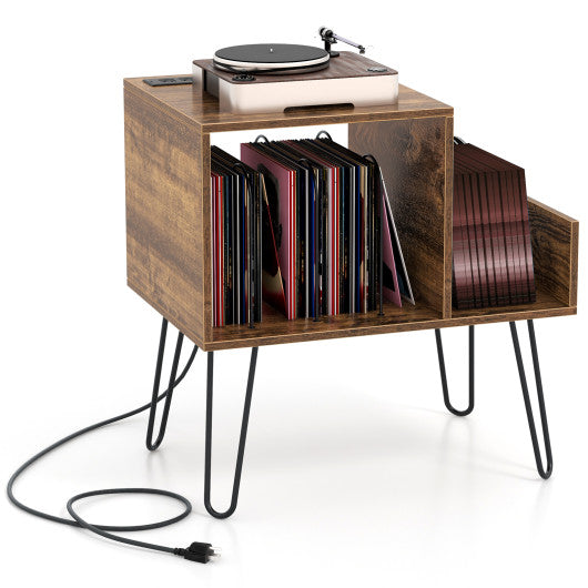 Mid-century Record Player Stand with Power Outlet and Vinyl Divider-Rustic Brown