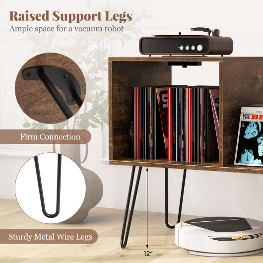 Mid-century Record Player Stand with Power Outlet and Vinyl Divider-Rustic Brown