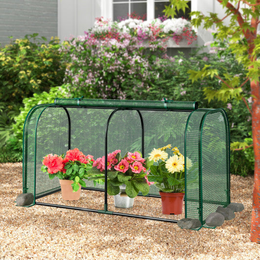 Mini Tunnel Greenhouse with Roll-up Zipper Door-Green