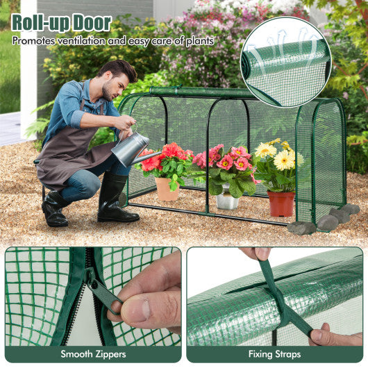 Mini Tunnel Greenhouse with Roll-up Zipper Door-Green