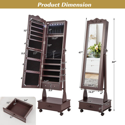 Rolling Floor Standing Mirrored Jewelry Armoire with Lock and Drawers-Brown