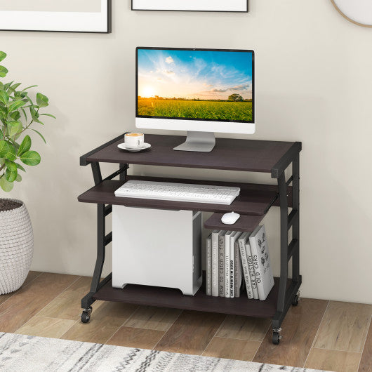 Mobile Computer Desk with Keyboard Tray Mouse Tray and Shelf-Dark Brown