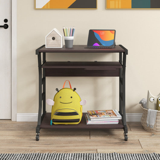Mobile Computer Desk with Keyboard Tray Mouse Tray and Shelf-Dark Brown