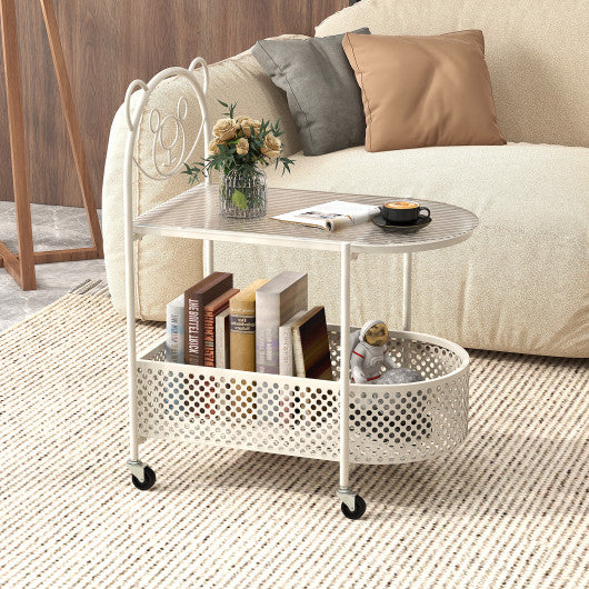 2-Tier Mobile Glass Coffee Table with Bear Pattern-White