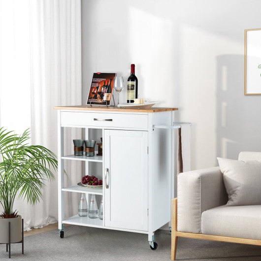 Mobile Kitchen Island Cart with Rubber Wood Top-White