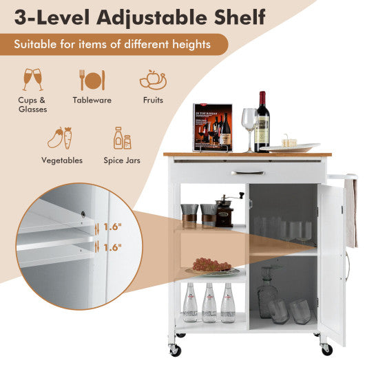 Mobile Kitchen Island Cart with Rubber Wood Top-White