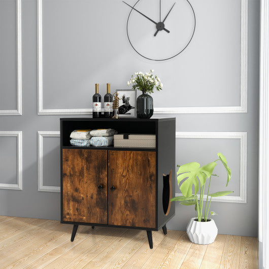 Industrial Cat Litter Box Enclosure with Entry and Open Compartment-Rustic Brown