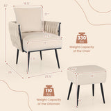 Modern Dutch Velvet Accent Chair and Ottoman Set with Weaved Back and Arms-White