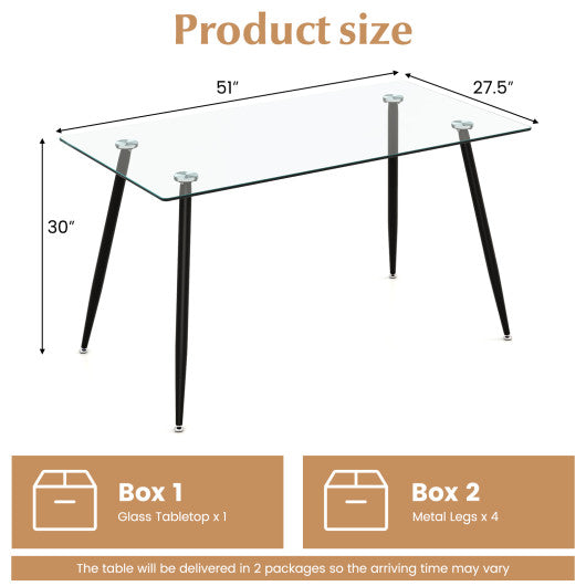 Modern Glass Rectangular Dining Table with Metal Legs-Black