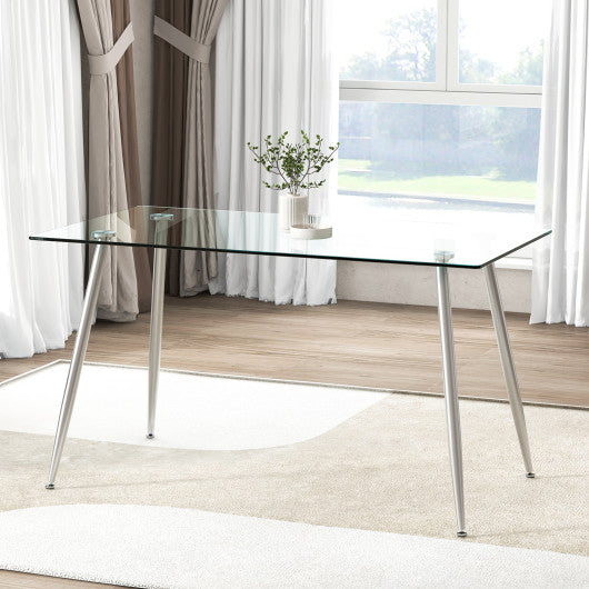 Modern Glass Rectangular Dining Table with Metal Legs-Silver