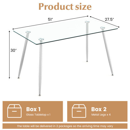 Modern Glass Rectangular Dining Table with Metal Legs-Silver