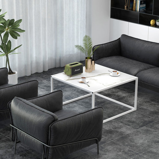 Modern Glass Square Coffee Table with Metal Frame for Living Room-White