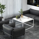 Modern Glass Square Coffee Table with Metal Frame for Living Room-White