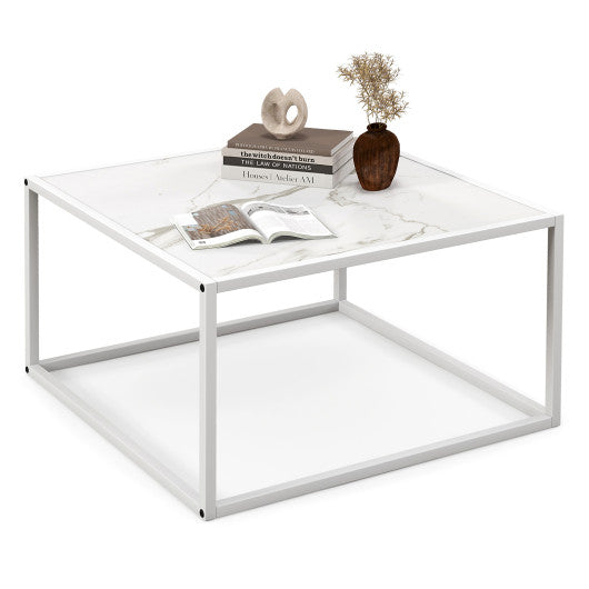 Modern Glass Square Coffee Table with Metal Frame for Living Room-White