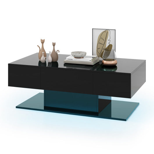 Modern LED Coffee Table with 20 Color LED Lights and 2 Storage Drawers-Black