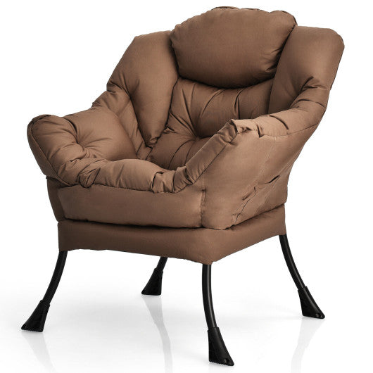 Modern Polyester Fabric Lazy Chair with Steel Frame and Side Pocket-Brown