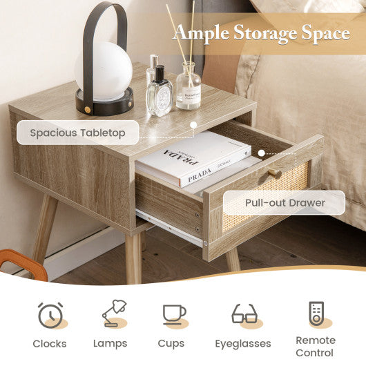 Modern Rattan Nightstand with Drawer and Solid Wood Legs for Bedroom and Living Room-Natural