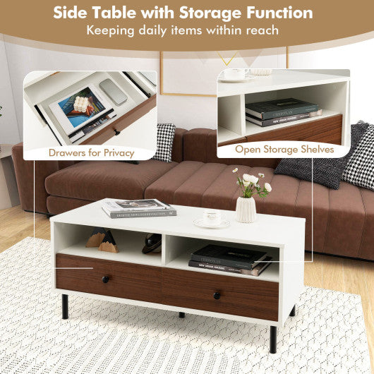 2 Tier 40 Inch Length Modern Rectangle Coffee Table with Storage Shelf and Drawers-White