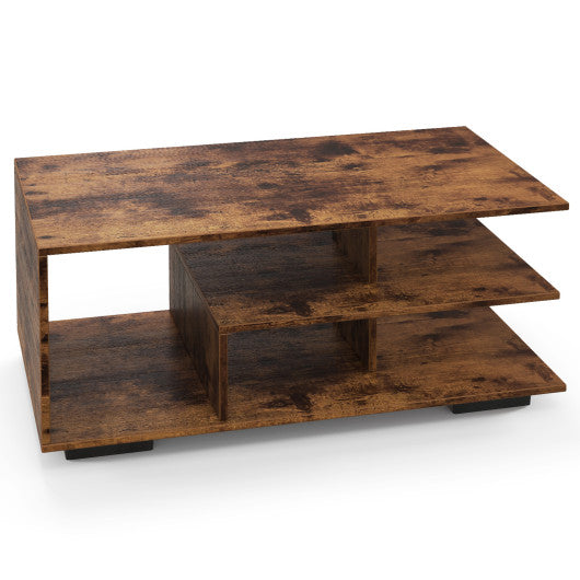 Rectangular Coffee Table with L-shaped Middle Shelf-Brown