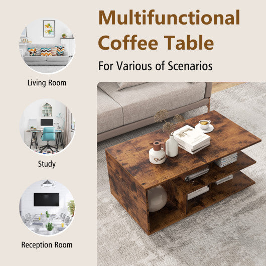 Rectangular Coffee Table with L-shaped Middle Shelf-Brown