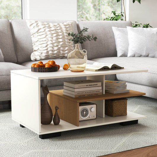 Rectangular Coffee Table with L-shaped Middle Shelf-White