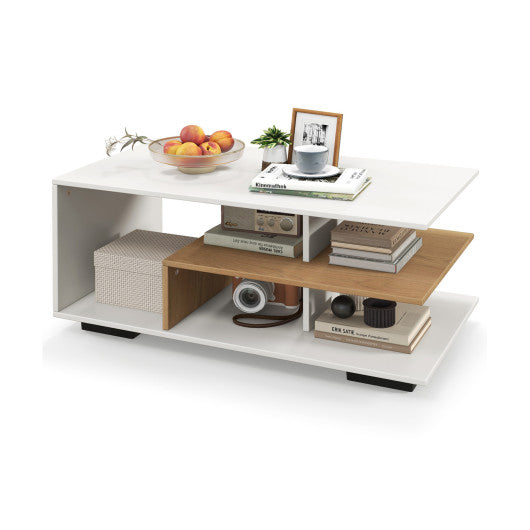Rectangular Coffee Table with L-shaped Middle Shelf-White