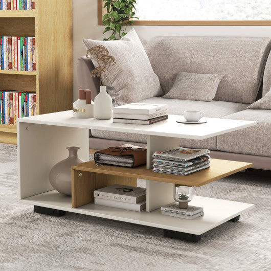 Rectangular Coffee Table with L-shaped Middle Shelf-White