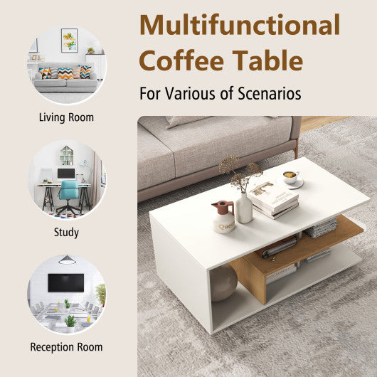 Rectangular Coffee Table with L-shaped Middle Shelf-White
