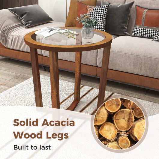 Modern Round End Table Sofa Side Table with Transparent Tempered Glass Top-Brown