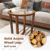 Modern Round End Table Sofa Side Table with Transparent Tempered Glass Top-Brown