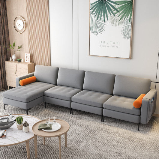 Modular L-shaped 4-Seat Sectional Sofa with Reversible Chaise and 2 USB Socket-Gray